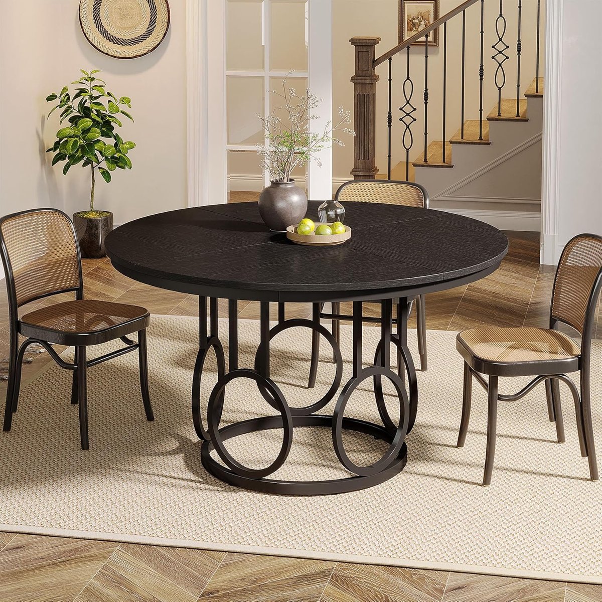 Ronde Eettafel 120 cm – Zwart Houten Keukentafel met Metalen Onderstel – Industriële Eetkamertafel voor 4-6 Personen – Compact Design – Dader