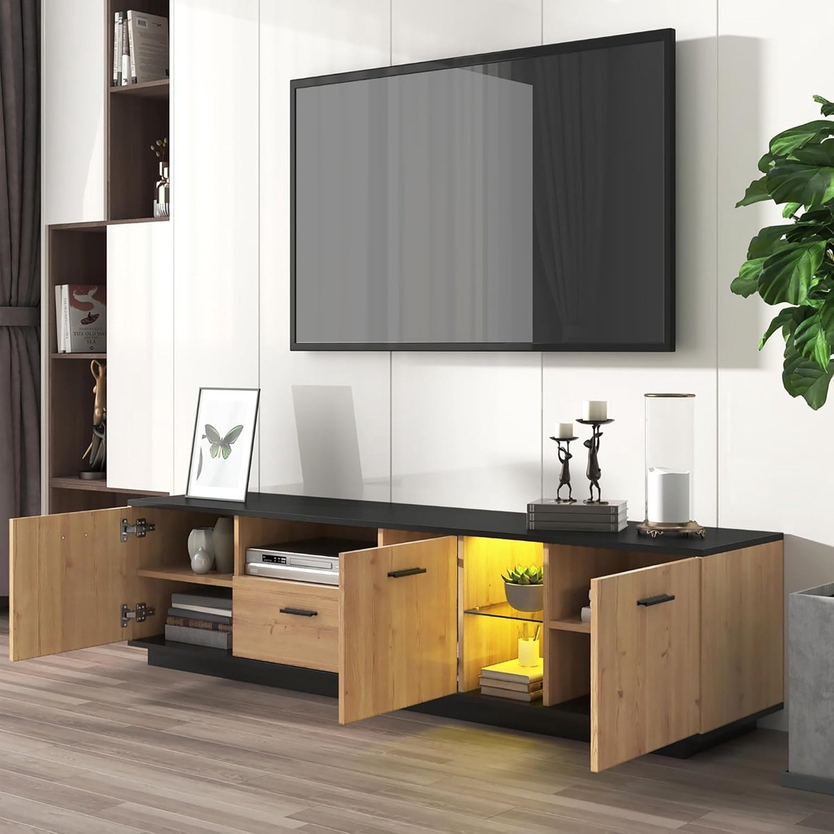 LumiVento Luxe LED TV-Meubel 180x37x45 cm met 3 Deuren, Lade en Glazen Open Vakken – Modern Zwart Hout Design met 16 Kleuren Verlichting voor Woonkamer