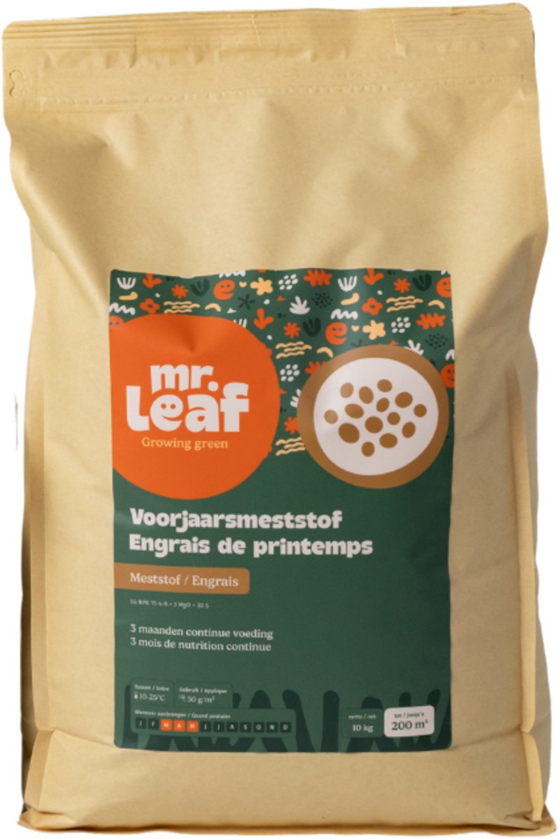 Mr Leaf Gazonmest Voorjaar - Grasmat Meststof - 10kg (200m²) - Langwerkende Voeding - Snel Groen Gras - Professioneel Resultaat