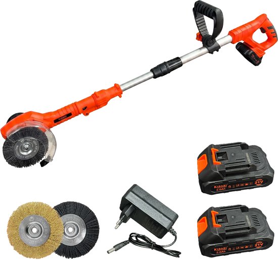 Complete set Kibani onkruidborstel met twee accu's, oplader en twee borstels.