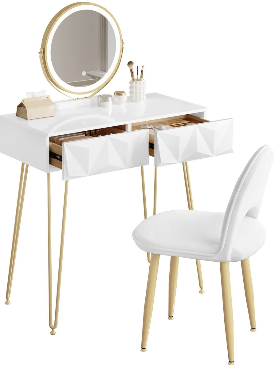 Velmio Kaptafel Set - Makeup Tafel - Met Spiegel en Verlichting - 80 x 123 x 40 cm - Incl Stoel - 3 LED Lichtkleuren - 2 Lades - Wit