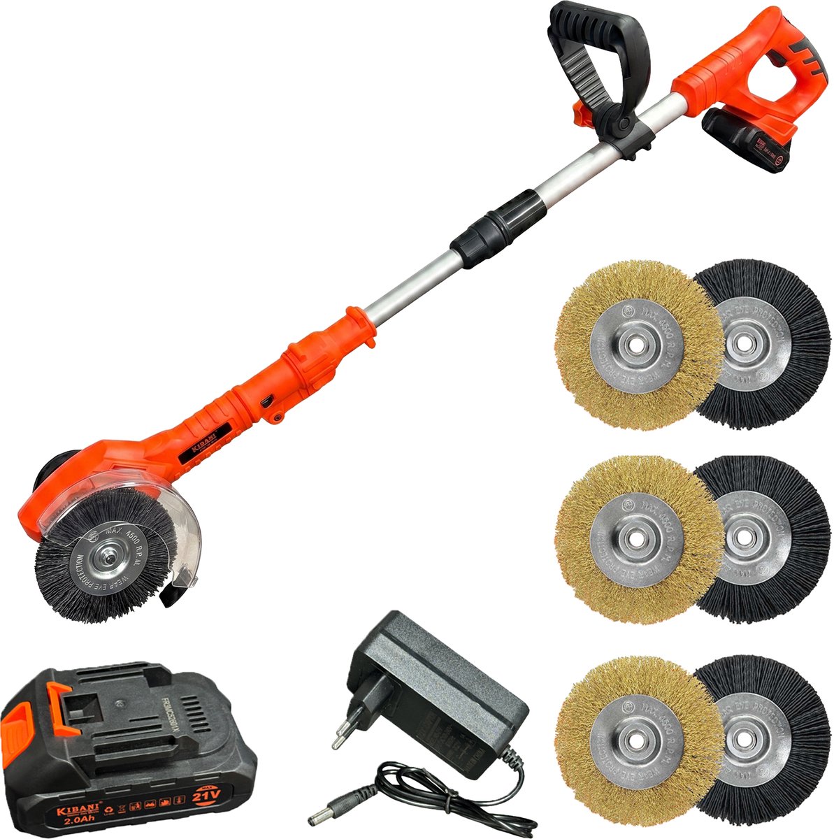 Kibani Accu Onkruidborstel 21V - Incl. 6 Onkruidborstels Nylon en Staal - Draadloze Onkruidverwijderaar - Elektrische Voegenreiniger - 180° Draaibare Kop - Ergonomisch Handvat