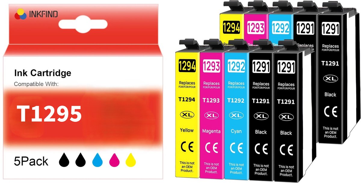 INKFIND T1295 Inktcartridges voor Epson T1291 T1292 T1293 T1294 | Multipack van 10 stuks = 2 x 5 Pack (Zwart x 4, Cyaan x 2, Magenta x 2, Geel x 2) Geschikt voor Stylus SX230/SX235W/SX420W/SX425W/SX435W/SX440W/SX445W/SX525WD/SX535WD/SX620FW