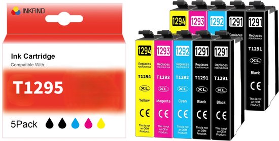 INKFIND T1295 multipack 5-pack inktcartridges: 4 zwarte, 2 cyaan, 2 magenta, 2 gele patronen met T1291, T1292, T1293, T1294 opdruk.