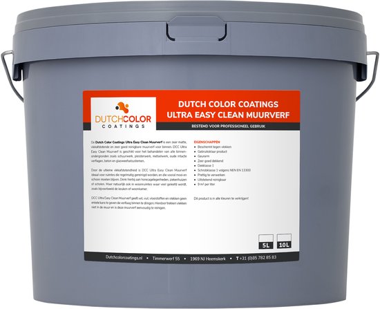 Grijze emmer Dutch Color Coatings met label waarop "DUTCH COLOR COATINGS ULTRA EASY CLEAN MUURVERF" staat.