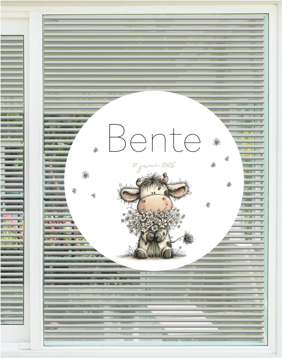 StudioJitske | Geboortebord | Raamsticker 80cm | Raambord | stier, koe, bloemen met naam en geboortedatum