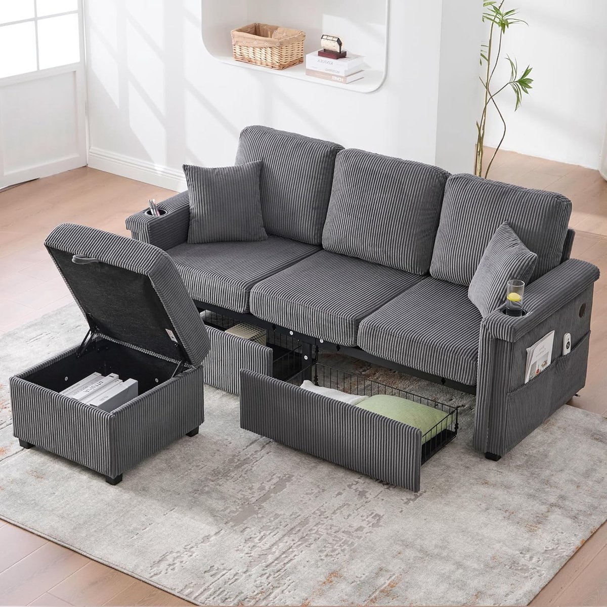 Luxe Modulaire 3-Zits Corduroy Slaapbank met Opberglades, Bekerhouders en Opbergvakken 194x73x81 cm – Donkergrijs