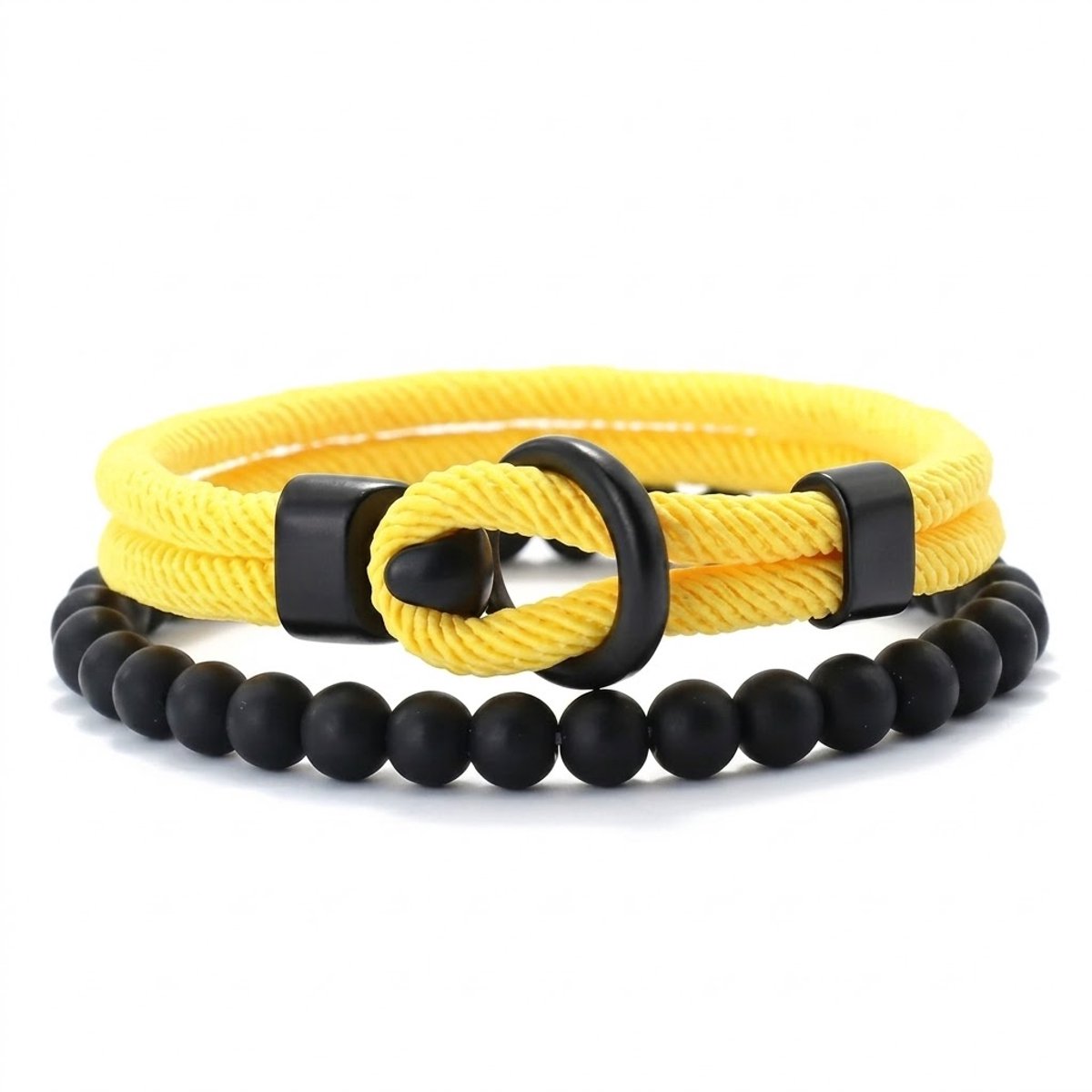 Set van 2 heren armbanden – gele koordarmband met lus en zwarte kralenarmband