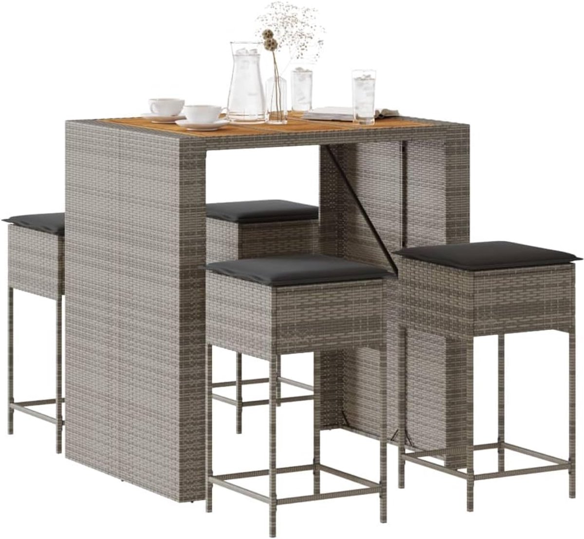 Tuin Barset 5-delig met Tafel, Stoelen & Kussens – Poly Rattan Grijs Outdoor Balkon & Terras Set Modern Design 37,2 kg – Nordic Lounge Garden Bar Set HomebyNicole