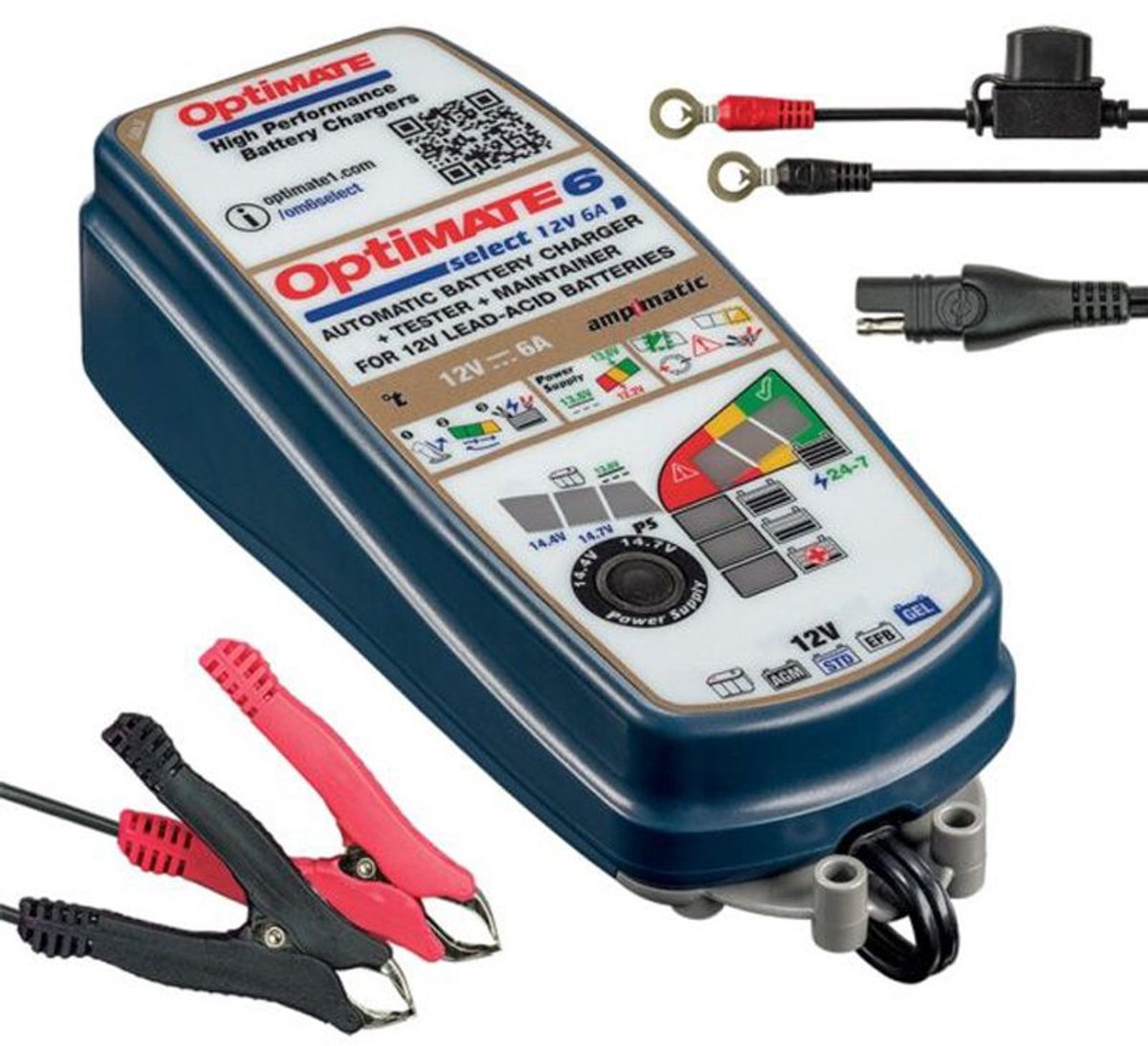 OptiMate 6 Select V2 12V 6A lader – intelligente 9-traps lader & onderhoud voor AGM, GEL, STD, EFB en LiFePO4 – herstelt ontladen batterijen vanaf 0,5V