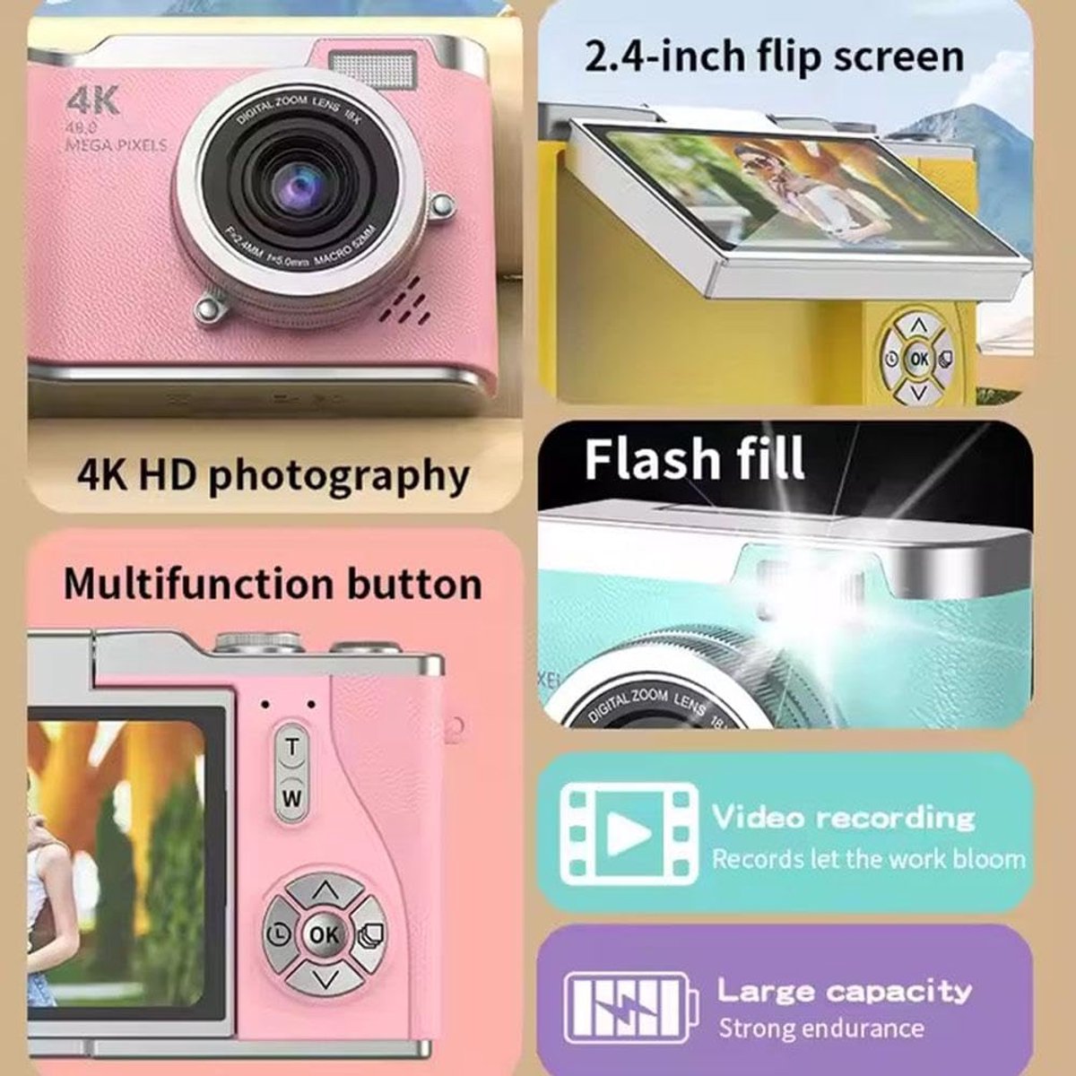 4K Digitale Camera voor Foto's – 48 MP met Kantelbaar Scherm, Draagbare Retrocamera met Kantelbaar Scherm, Selfiecamera met 8x Zoom, Vlogcamera – Camera voor Kinderen en Volwassenen, Compacte Retrocamera voor Buitengebruik (Bruin, 1 Set) thumbnail 6
