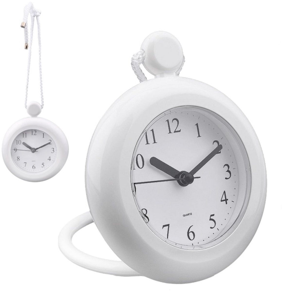Multifunctionele Waterdichte Badkamerklok - Stille Analoge Quartz Klok met Ophangkoord en Stand - Vocht- en Stofbestendig, voor Douche, Badkamer, Keuken en Vochtige Ruimtes, Eenvoudig te Bevestigen - Wit