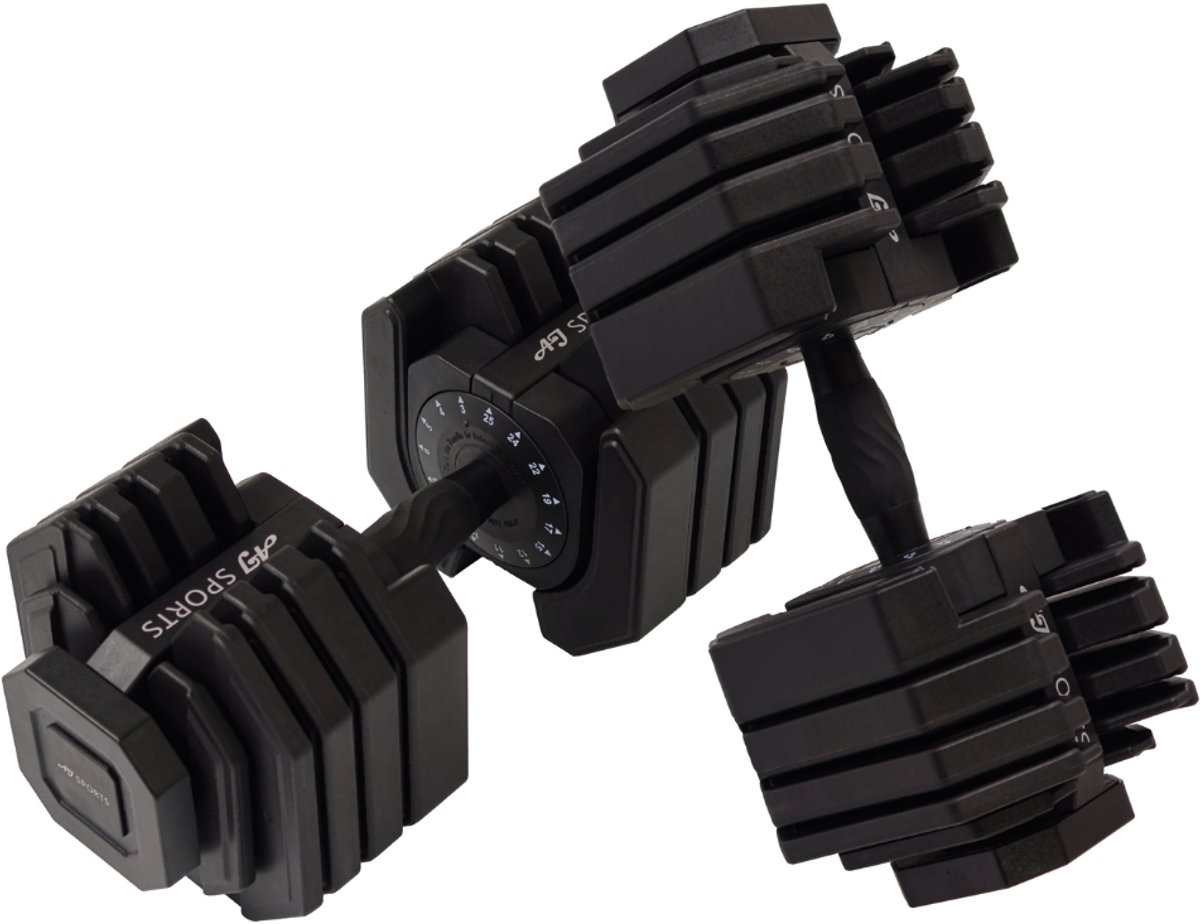 AJ-Sports Verstelbare Dumbells Zwart - 2kg t/m 25kg - Gewichten - Dumbells set - Gewichten set - Smart Dumbells - Halterset - Krachttraining - Fitness - Gym - Sport - Crossfit - 15 Dumbells in één! - Set van 2 Stuks!