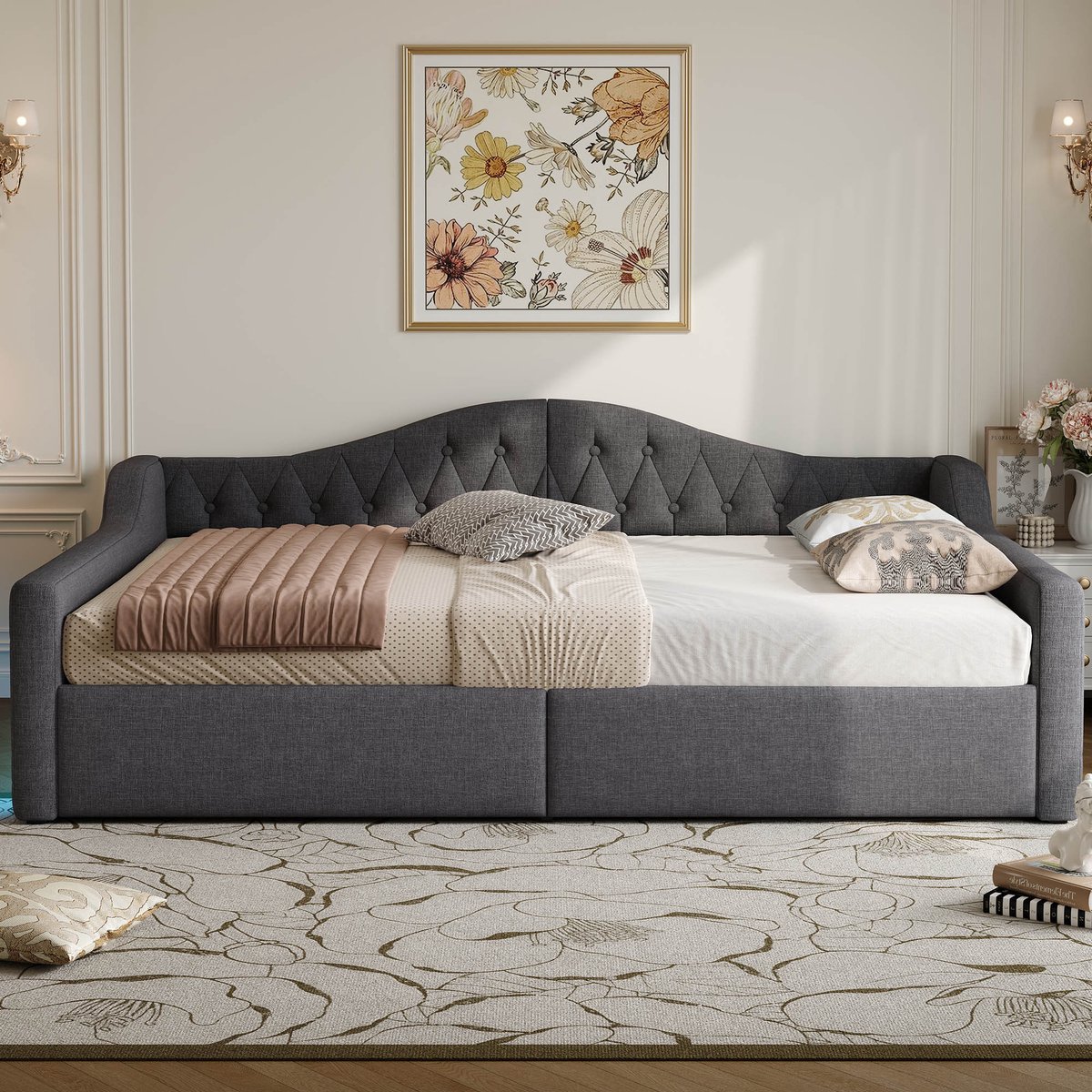 Zubaliya Dagbed 140 x 200 cm grijs - Gestoffeerd met LED-verlichting - Grote opbergruimte onder het bed - voor tienerkamer - linnenstof - voor slaapkamer Zwart