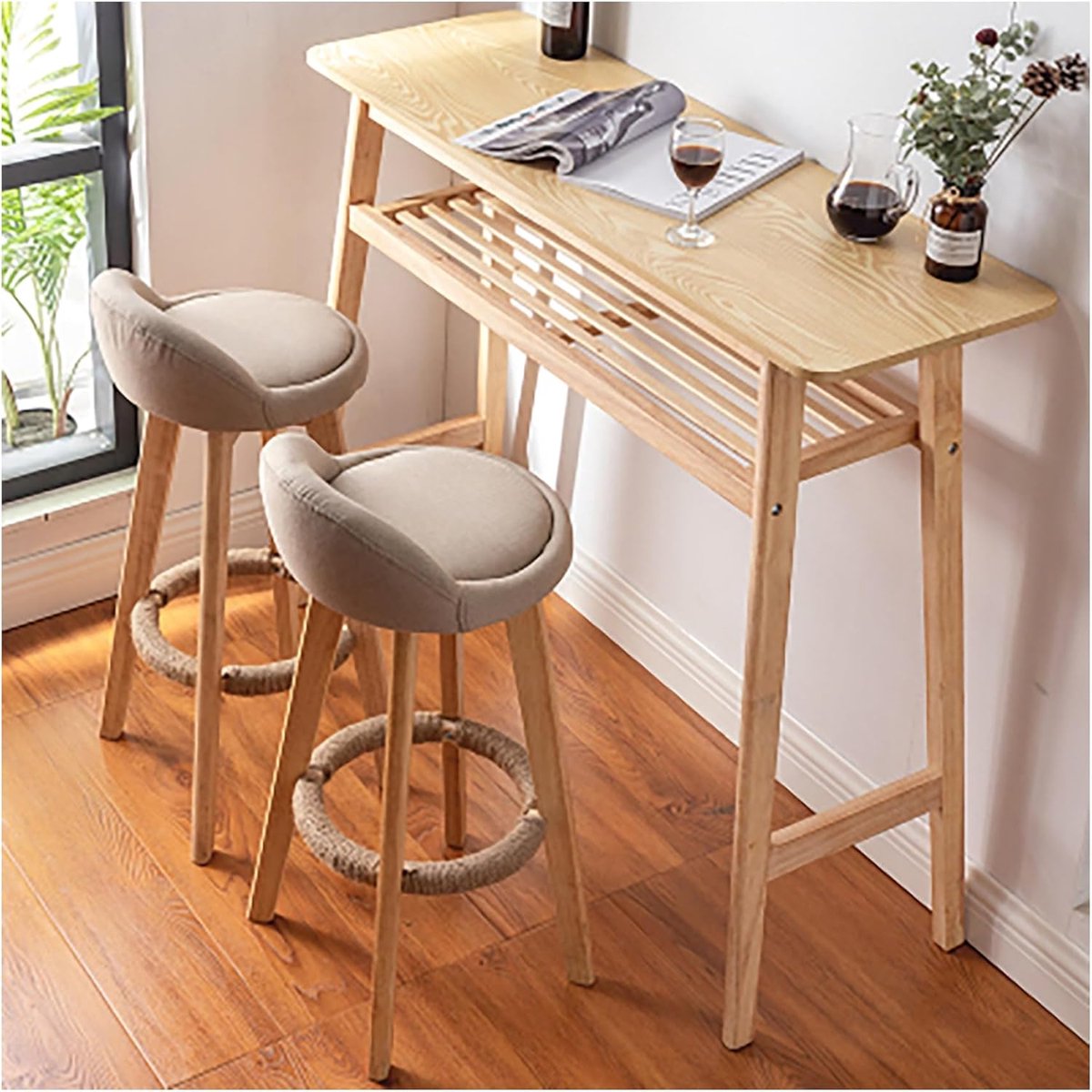 Bar Tafel Set 3-delig 120x40x100 cm – Smalle Houten Stehtafel met 2 Hockers & Opbergruimte – Compacte Keuken-, Balkon- & Café Barset Massief Hout Design HomebyNicole
