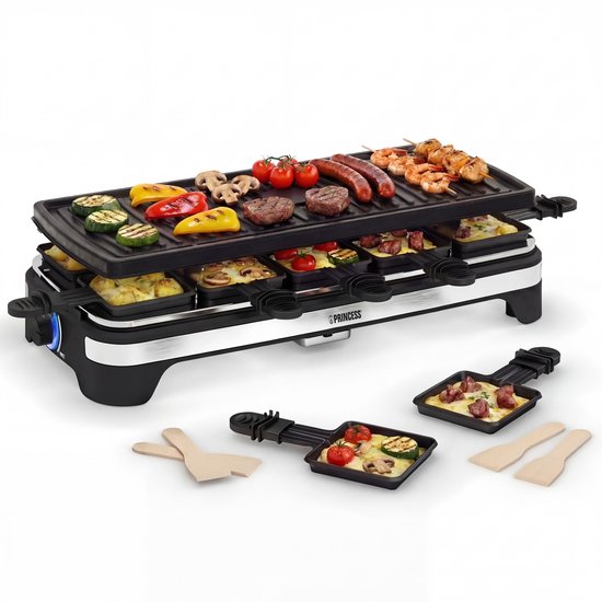 Princess Gourmetstel XL 162650 - Raclette 10 personen - Grill & Bakplaat - Groot 49x21cm - 2 meter snoer - Regelbare thermostaat - 1500W - Zwart - 10 pannetjes