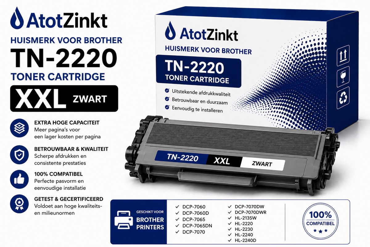 AtotZinkt Huismerk voor Brother TN-2220 Toner cartridge XXL Zwart geschikt voor  Brother DCP-7060 DCP-7060D DCP-7065 DCP-7065DN DCP-7070 DCP-7070DW DCP-7070DWR HL-2135W  HL-2220 HL-2230 HL-2240 HL-2240D