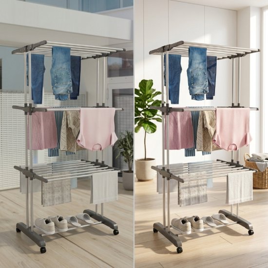 Vonia Droogtoren - Droogrek - Wasrek - Wastoren - 3 Lagen - Inklapbaar - 72x50x172 cm - Grijs