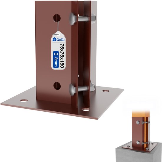 Bruine paalhouder met sticker '75x75x150 2mm'. Gedetailleerde weergave.
