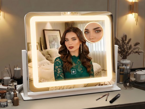 Miroir de maquillage lumineux avec grossissement x10 - Dimensions : 38 cm x 33 cm - Design Galeara blanc - Miroir de Maquillage - Intensité réglable - Miroirs pivotants - Commandes tactiles - Éclairage LED