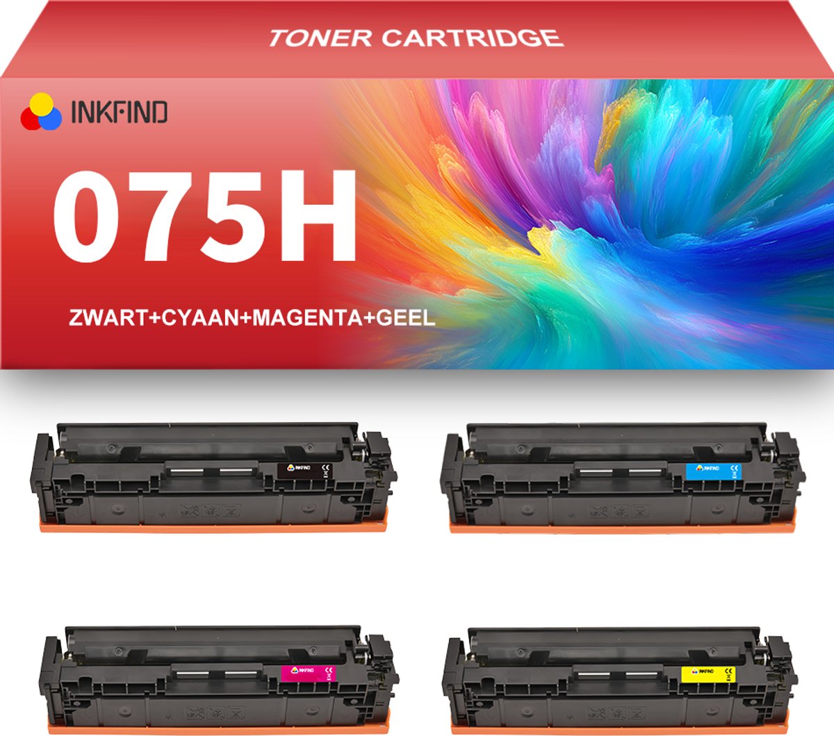 INKFIND 075H Zwart/Cyaan/Magenta/Geel tonercartridge compatibel met Canon 075H geschikt voor Canon i-Sensys MF664Cdw. MF667Cdw MF651Cw LBP646Cdw/LBP647Cdw/Color imageCLASS MF665Cdw/MF663Cdw/MF662Cdw - 4-pack BKCMY