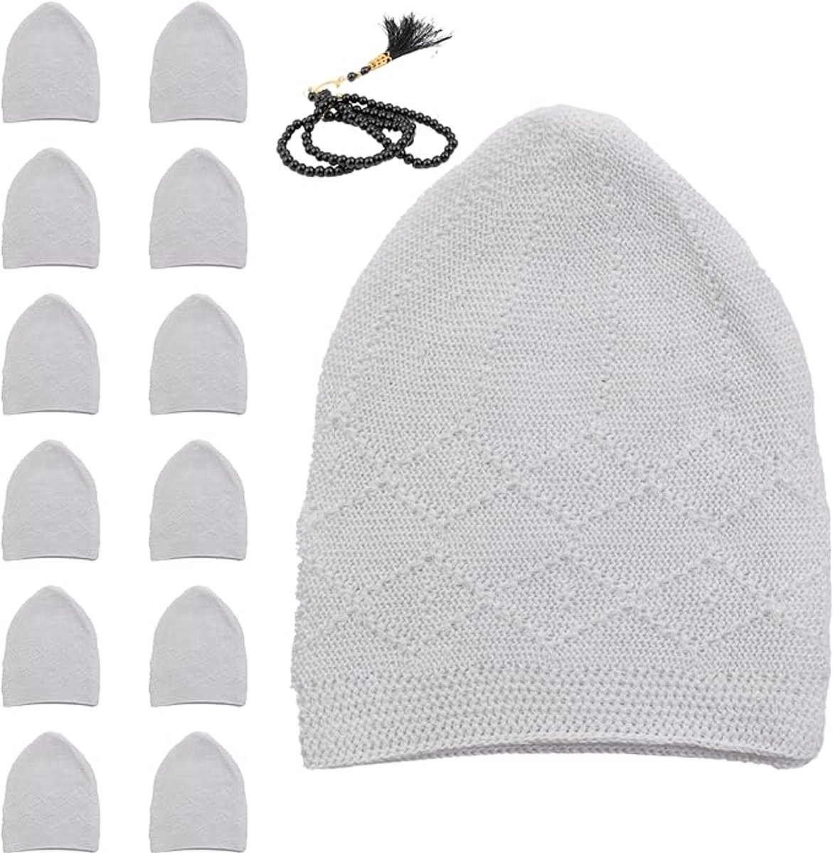FIRASET Islamitische Gebedsmutsen- Islamitische Kufi Muts voor Heren – Fluwelen Gehaakte Gebedsmuts – Rekbaar & Ademend – Standaardmaat – Set van 12 Witte Kufi Hoeden