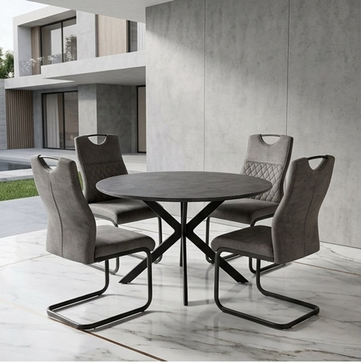 Uitschuifbare Ronde Eettafel Set 120-160 cm met 4 Stoelen – Moderne Ovale Eettafel MDF Steenlook – Donkergrijs Industrieel Design – 4 tot 6 Personen – Ganeey