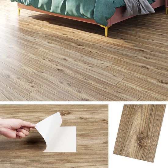 Een slaapkamer met houten vloer, close-up van zelfklevende plank en plank.
