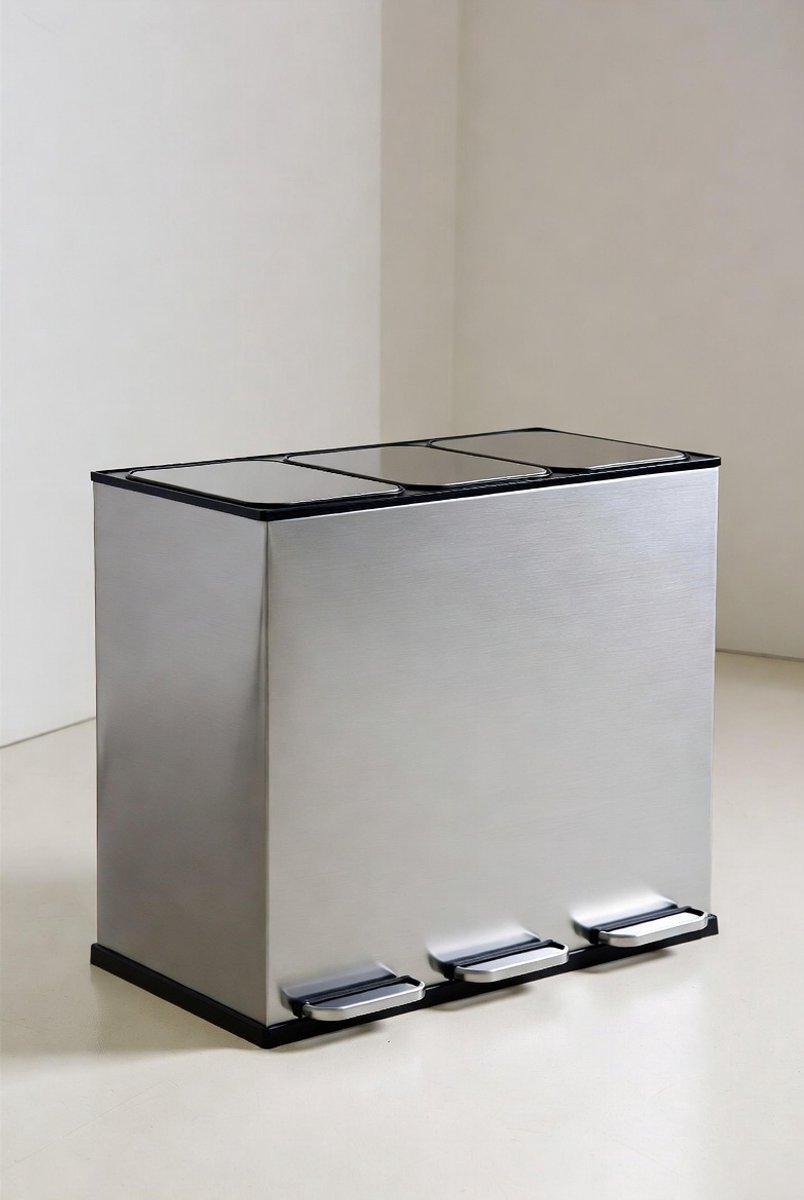 Luxe Triple Sort Afvalscheidingsprullenbak 54L – 3 Vakken Pedaalemmer met Zachte Sluiting, Uitneembare Binnenemmers, Geurvrij Design, RVS Metaal, Anti-vingerafdruk – Keuken & Kantoor Afvalbak Ganeey
