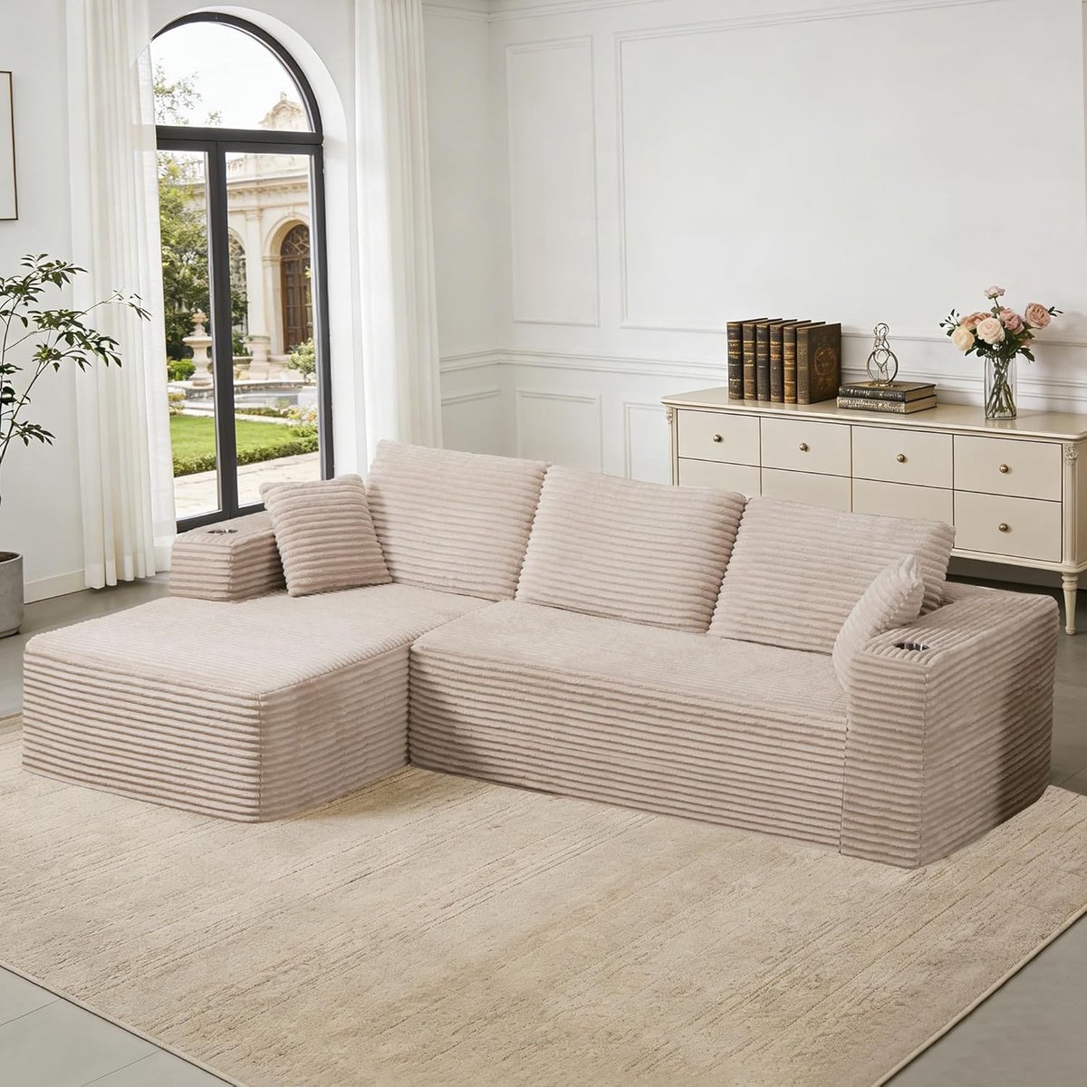 Modulaire Cloud Comfort L-Vormige Boneless Bank 261 cm met Chaise Longue, Corduroy Sofa met 2 Bekerhouders – Beige