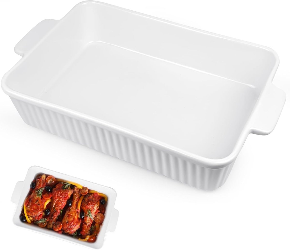 Grote Rechthoekige Keramische Ovenschaal 4.5L Wit met Handvat voor Lasagne en Ovenschotels