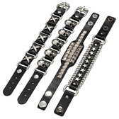 Set van 4 zwarte PU leren armbanden voor heren met zilverkleurige details – schedels, studs, ketting en sterren – verstelbaar