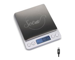 SOEM® Keukenweegschaal USB Oplaadbaar Digitaal met Weegbakjes – Compacte Precisie Weegschaal 0.1 gram – Koffie Weegschaal – Tarra functie