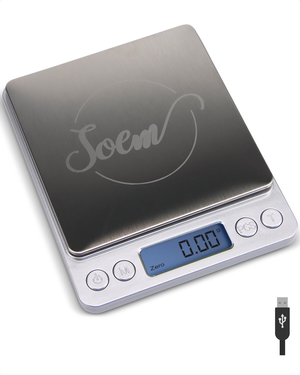 Bol.com SOEM® Keukenweegschaal USB Oplaadbaar Digitaal met Weegbakjes – Compacte Precisie Weegschaal 0.1 gram – Koffie Weegschaa... aanbieding