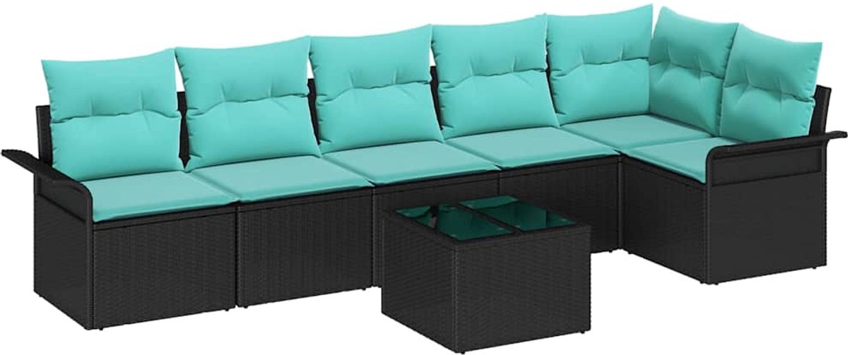 vidaXL - Tuinbank - Set - met - kussen - 7 - pcs - Zwart - poly - rattan