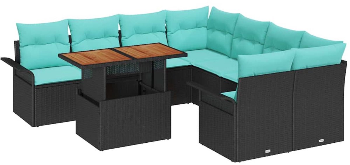 vidaXL - Tuinbank - Set - met - opslag - 9 - pcs - Zwart - Poly - rattan