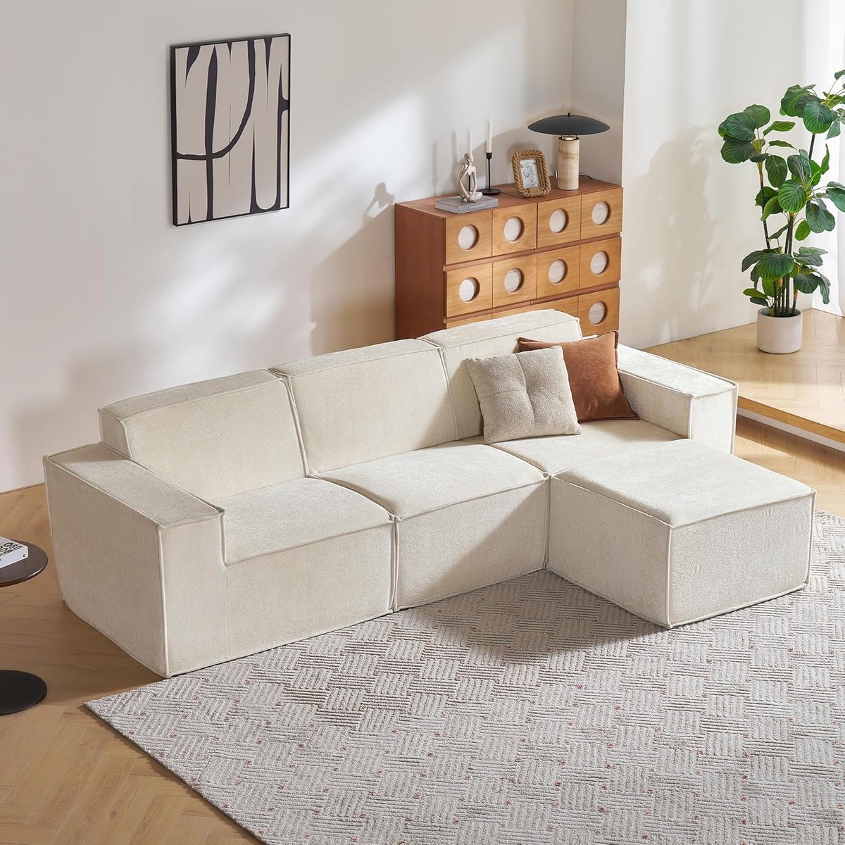 Luxe Modulaire Hoekbank met Slaapfunctie 266 cm – L-vormige Slaapbank met Ottoman, Chenille Beige, 3-Zits