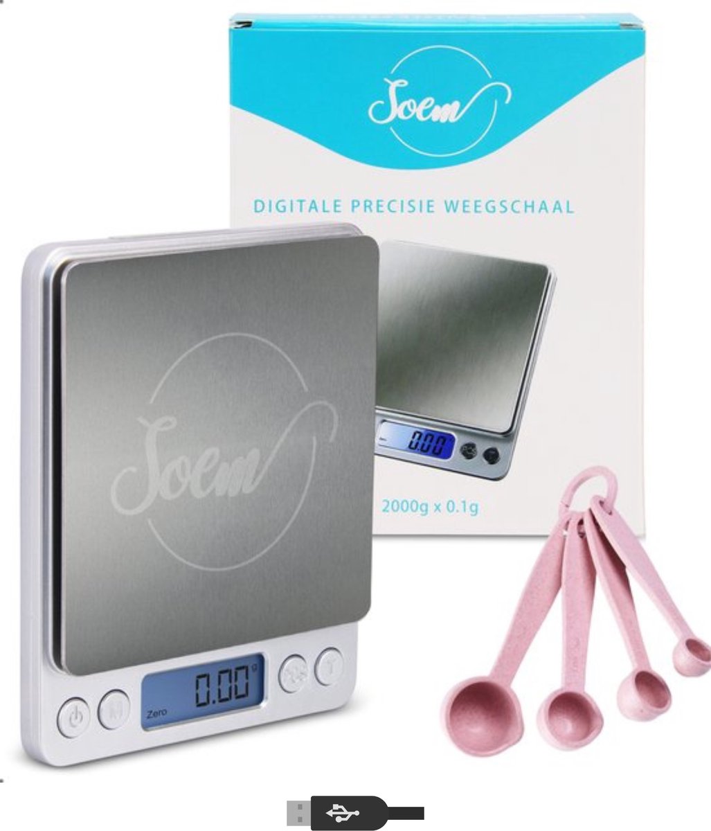 Bol.com SOEM® Keukenweegschaal USB Oplaadbaar Digitaal met Kom en Roze maatlepel set – Compacte Precisie Weegschaal 0.1 gram – K... aanbieding