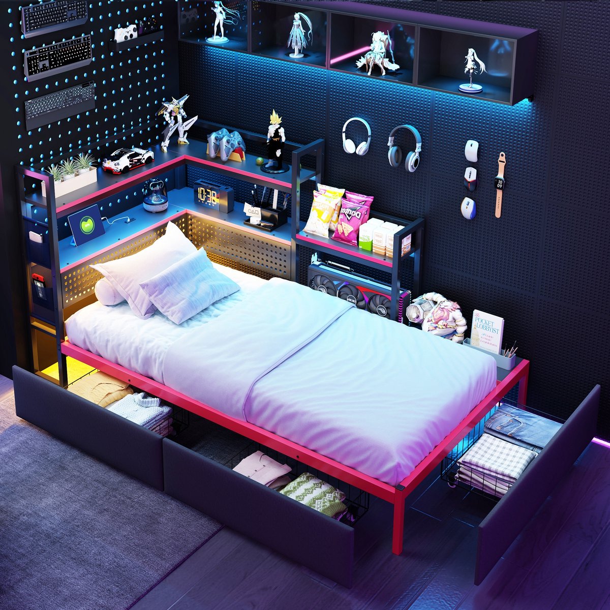 Sweiko Metalen bed - 90 x 200 cm - 3 lades - LED-verlichting - USB-aansluiting - Opberplanken - Zwart + Rood