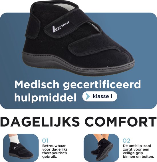 Zwarte Liromed schoen met twee klittenbandsluitingen en een witte binnenzijde. Medisch gecertificeerd hulp middel, klasse I.
