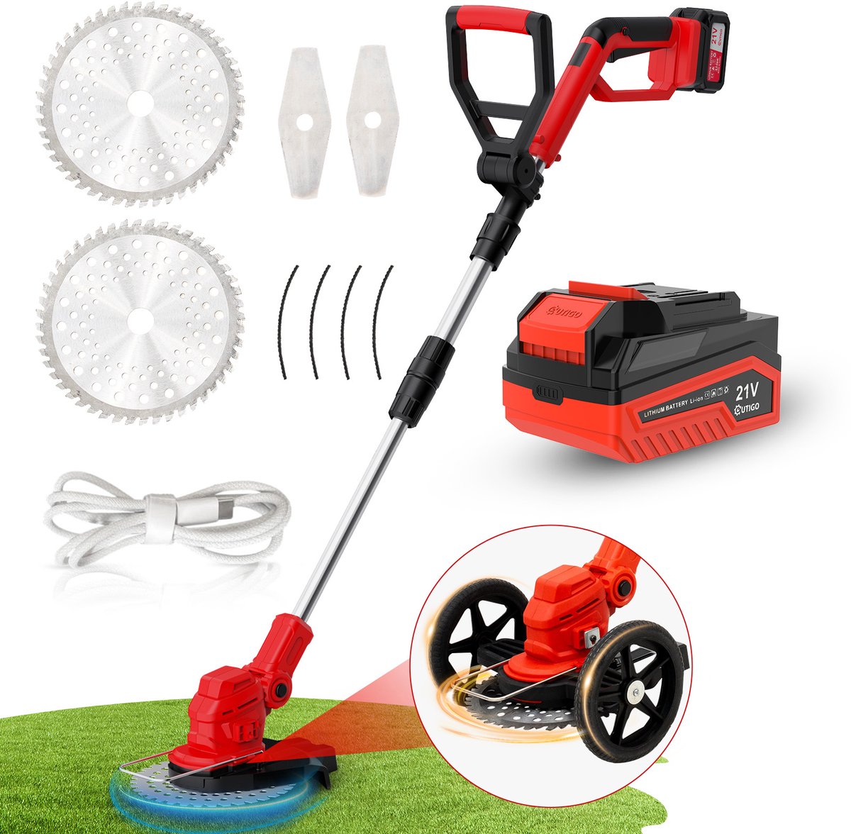 Accu grasmaaier - grasmaaier met 1*21V 4.0Ah accu - verstelbare telescopische handgreep - 3 soorten messen - Accu grastrimmer met accu - Accu grasmaaier voor tuinieren