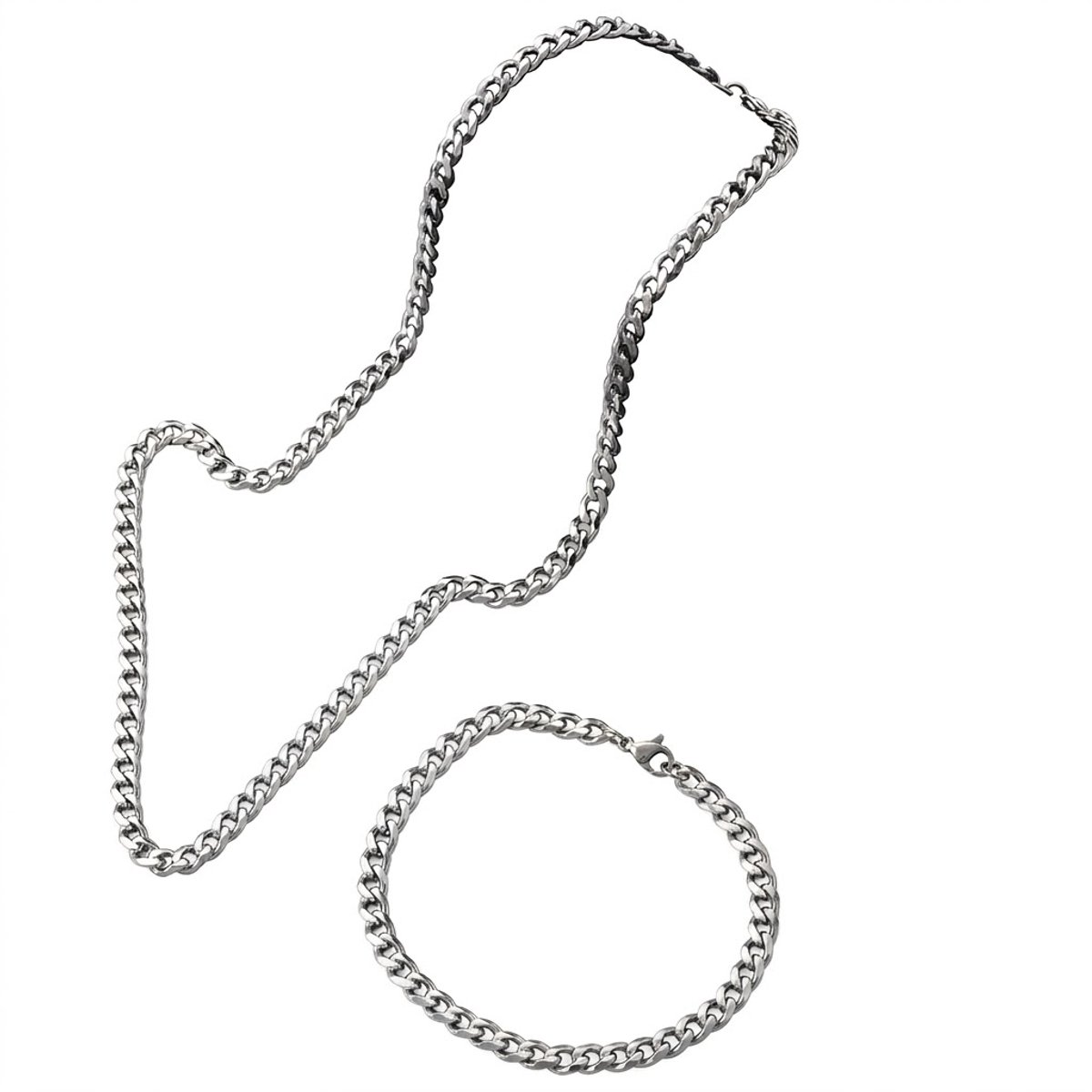 RVS Cuban Link Sieraden set – Zilverkleurige Ketting 61 CM & Armband 21 CM voor Heren