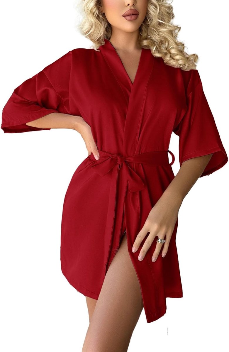 Lichte Satijnen Damesbadjas voor Bruidsmeisjes en Feestjes, Luxe Kimono met 3/4 Mouwen en Hoogwaardige Afwerking
