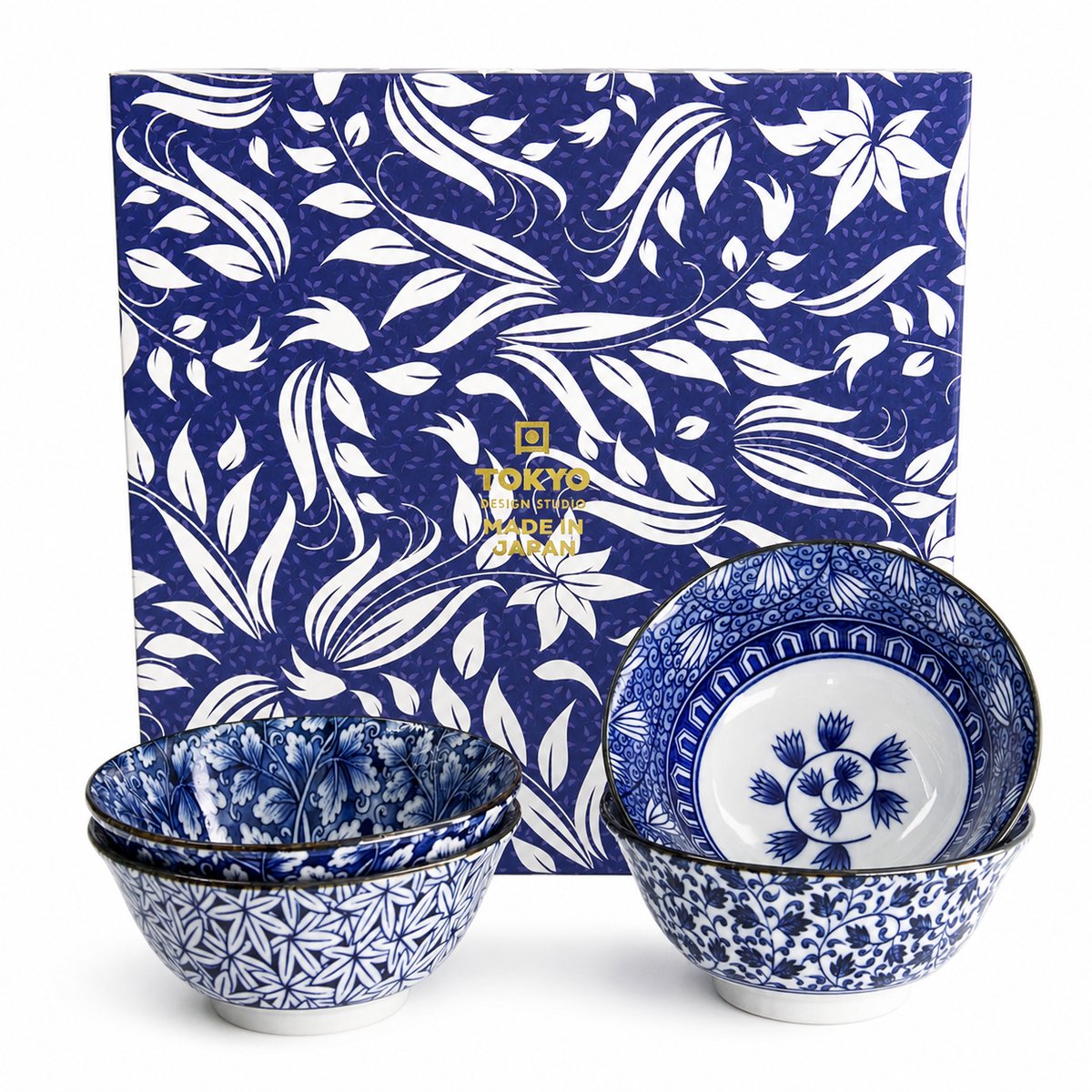 Tokyo Design Studio Hana Blue Tayo Bowl Giftset 4pcs 15x7cm 500ml Blue/White - Cadeauset van 4 kommen Made in Japan