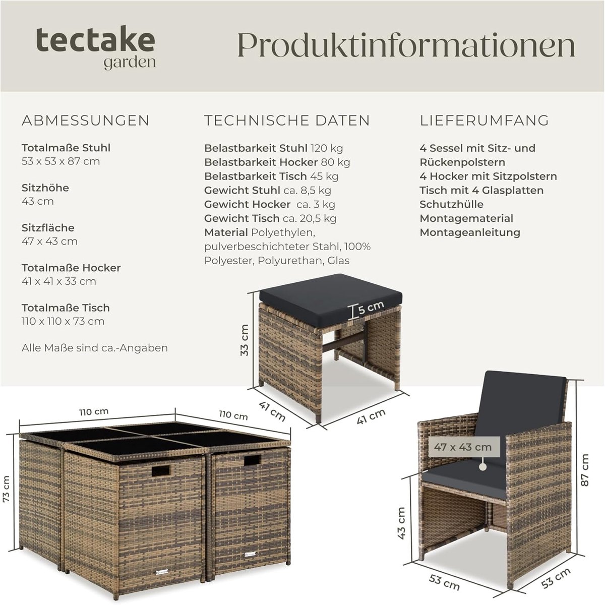Tuinmeubelset Loungeset 8 Personen Kubus 4 Stoelen 4 Krukken 1 Tafel 4 Glazen Bladen – 2-in-1 Dining & Lounge Set 4+4 Inklapbare Opstelling – Weerbestendig Polyrotan incl. Beschermhoes – Natuur – Laura