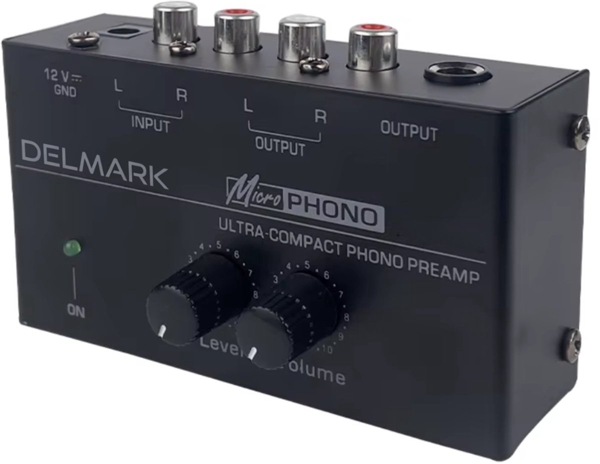 Delmark Phono Preamp - Voorversterker voor Platenspelers - RCA uitgang - RIAA Equalisatie - Met Volume- & Level-control