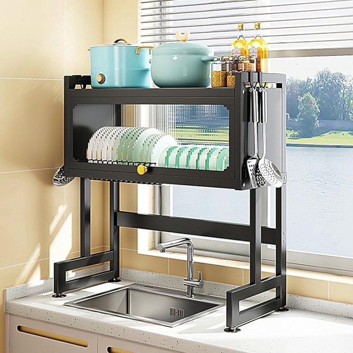 2-laags RVS Afdruiprek voor in de Keuken met Bestekhouder, Messenhouder, Snijplankhouder en Haken – Ruimtebesparend Afwasrek voor in of naast de Spoelbak – Stevig en Antislip