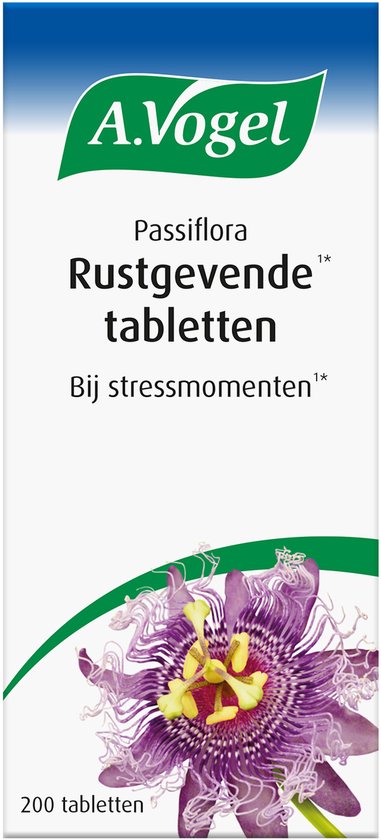 Witte doos met A. Vogel Passiflora Rustgevende tabletten logo, twee passiebloemen en "200 tabletten".