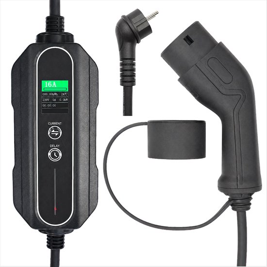Mobiele Thuislader Elektrische Auto | Waterdicht | 5 Meter | Type 2 Mennekes | 16A 1-Fase 3.7kW | 6A/8A/10A/13A/16A | Uitgesteld Laden | Geheugenfunctie | TPU Kabel | Vanaf Stopcontact (Schuko) | Mobiele Lader