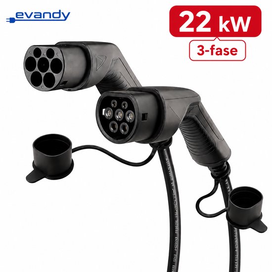 Evandy Premium Type 2 Laadkabel 22 kW 3-fase 32A 5 Meter – EV Laadkabel Elektrische Auto – Mennekes – CE – IP54 – Universeel – Snelladen
